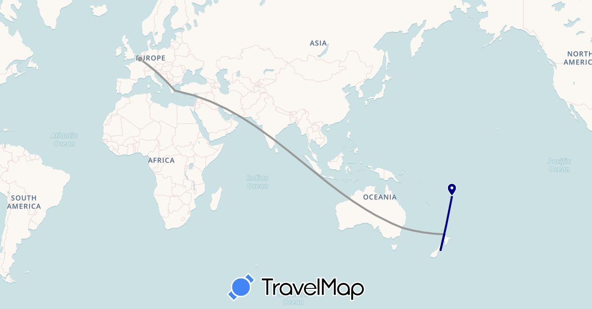 TravelMap itinerary: driving, plane in Australia, Belgium, Fiji, Greece, New Zealand (Europe, Oceania)